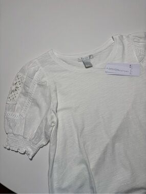 Design History White NWT Cotton Crochet Boho Puff Sleeve T-Shirt
